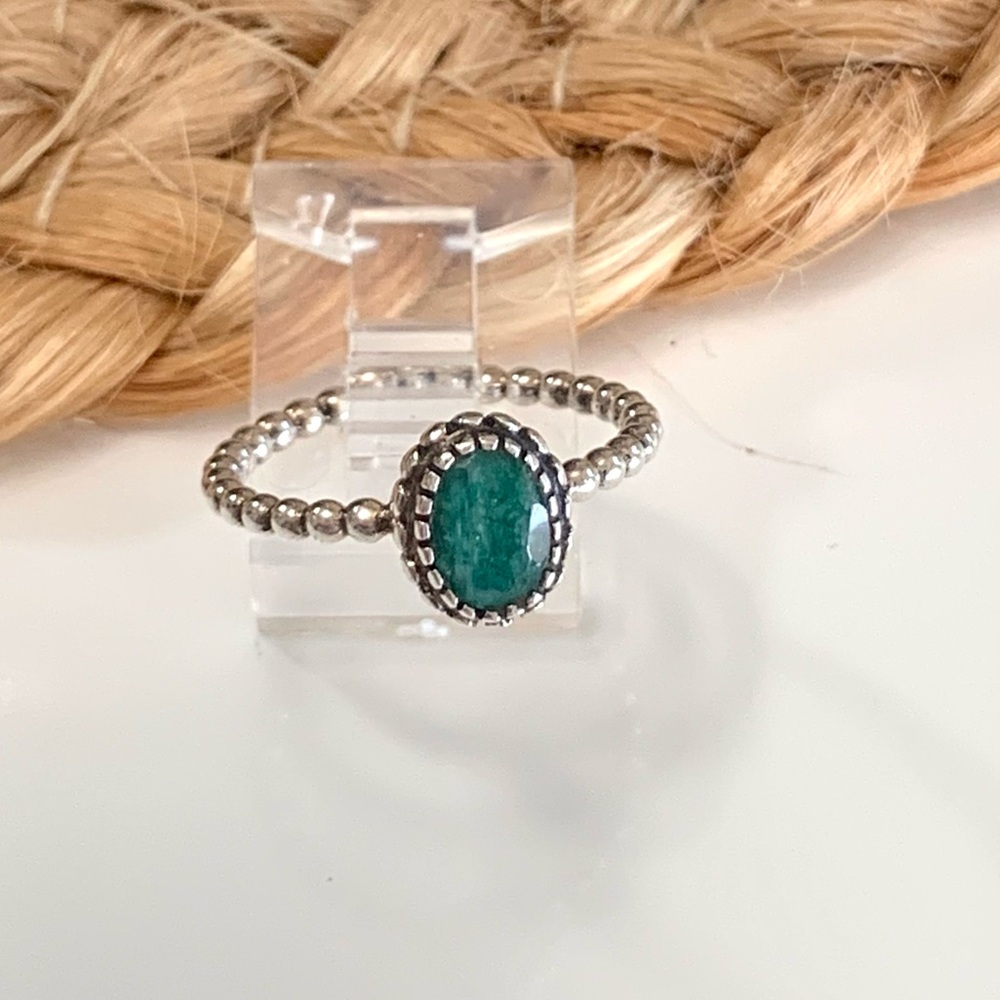Silver Beaded Ring with Green Oval Stone